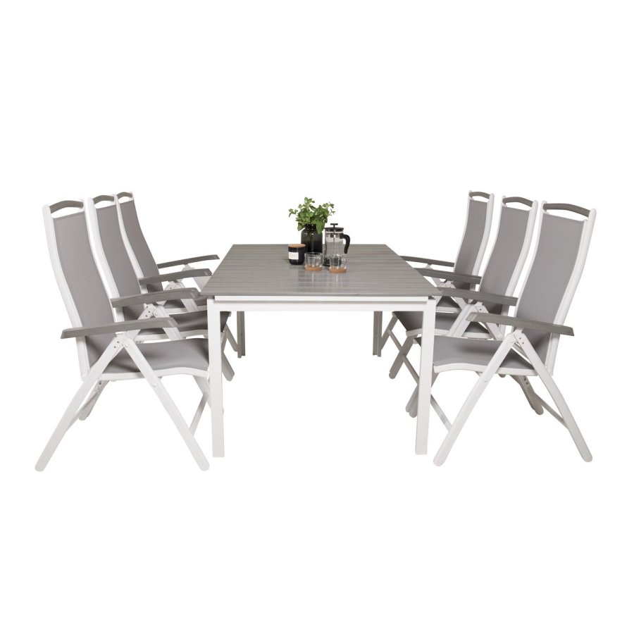 VENTURE DESIGN Albany 5-Positionen-Gartenstuhl mit Armlehnen und grauem Stoffkissen - weißes Aluminium