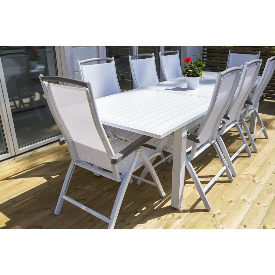 VENTURE DESIGN Albany 5-Positionen-Gartenstuhl mit Armlehnen - weißes Textilene und Aluminium, graues Aintwood