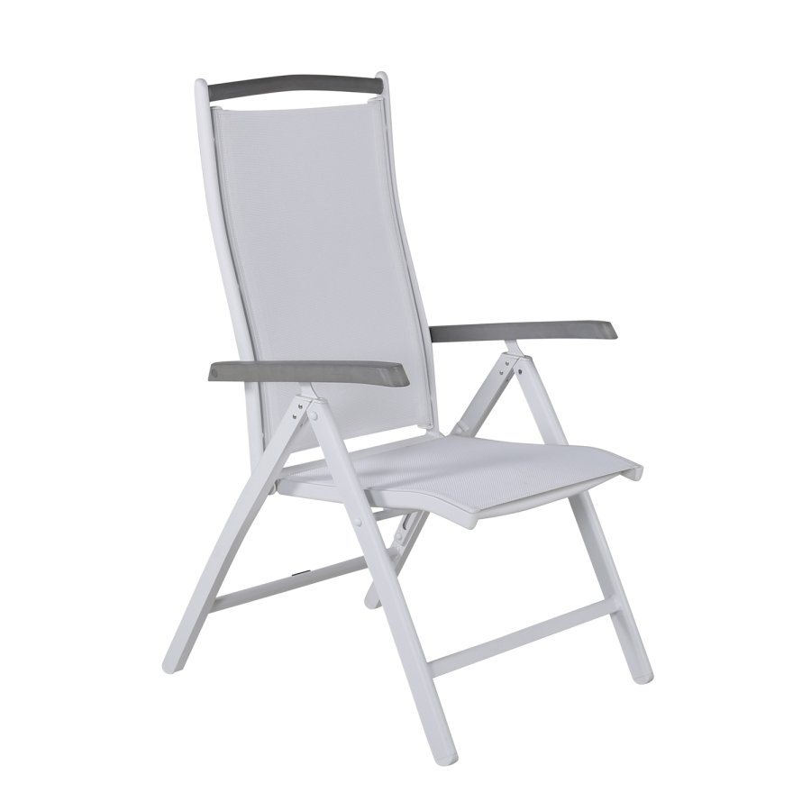 VENTURE DESIGN Albany 5-Positionen-Gartenstuhl mit Armlehnen - weißes Textilene und Aluminium, graues Aintwood