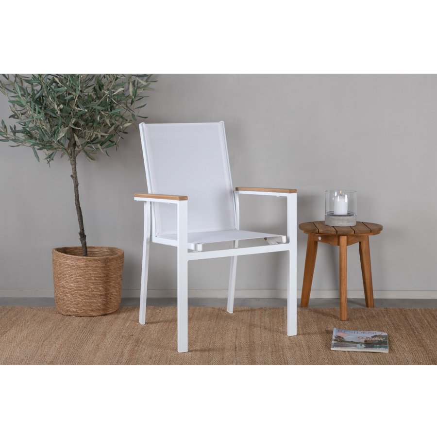 VENTURE DESIGN Texas hagestol, med armlener - naturlig teak, hvit tekstilen og aluminium
