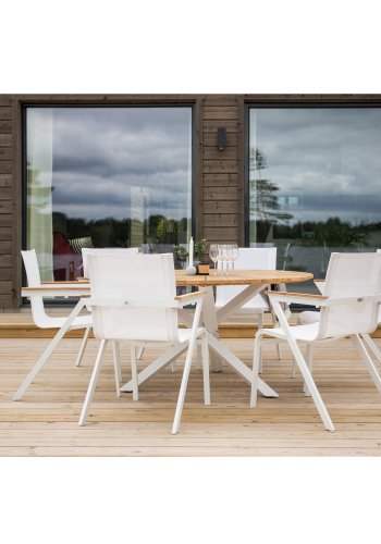 VENTURE DESIGN Texas hagestol, med armlener - naturlig teak, hvit tekstilen og aluminium