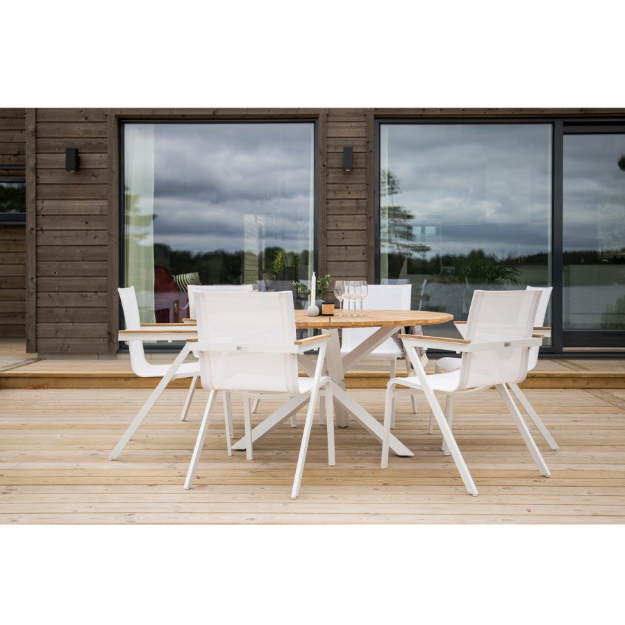 VENTURE DESIGN Texas hagestol, med armlener - naturlig teak, hvit tekstilen og aluminium