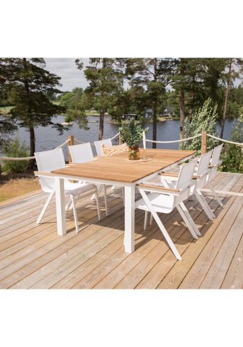 VENTURE DESIGN Texas hagestol, med armlener - naturlig teak, hvit tekstilen og aluminium