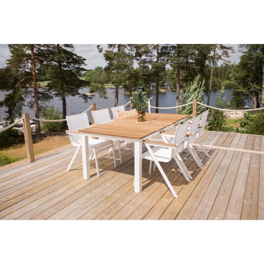 VENTURE DESIGN Texas hagestol, med armlener - naturlig teak, hvit tekstilen og aluminium