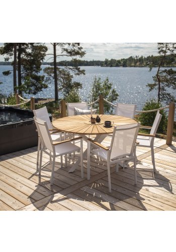 VENTURE DESIGN Texas hagestol, med armlener - naturlig teak, hvit tekstilen og aluminium