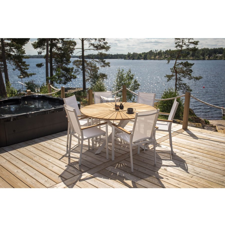 VENTURE DESIGN Texas hagestol, med armlener - naturlig teak, hvit tekstilen og aluminium