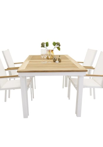 VENTURE DESIGN Texas hagestol, med armlener - naturlig teak, hvit tekstilen og aluminium