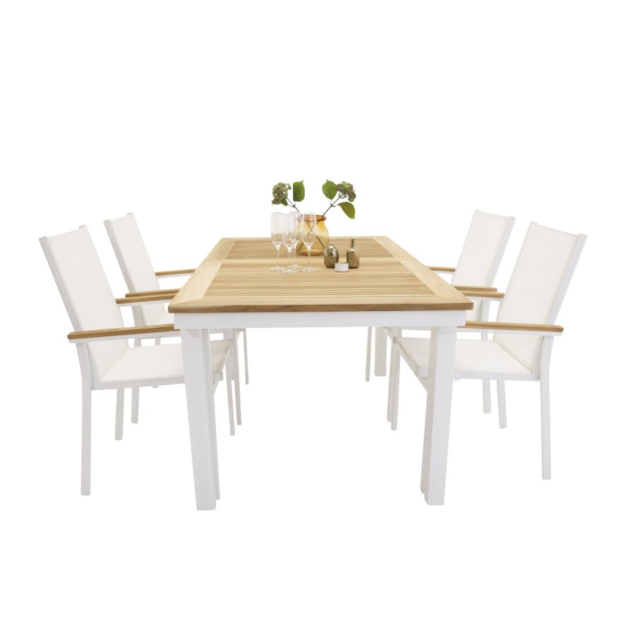 VENTURE DESIGN Texas hagestol, med armlener - naturlig teak, hvit tekstilen og aluminium