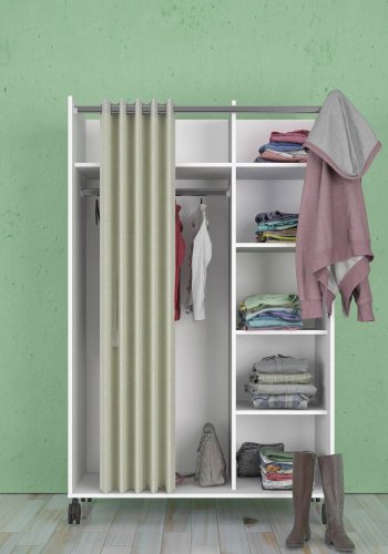 TVILUM Kleiderschrankeinsatz mit sandfarbenem Vorhang - weiß, mit Rollen 