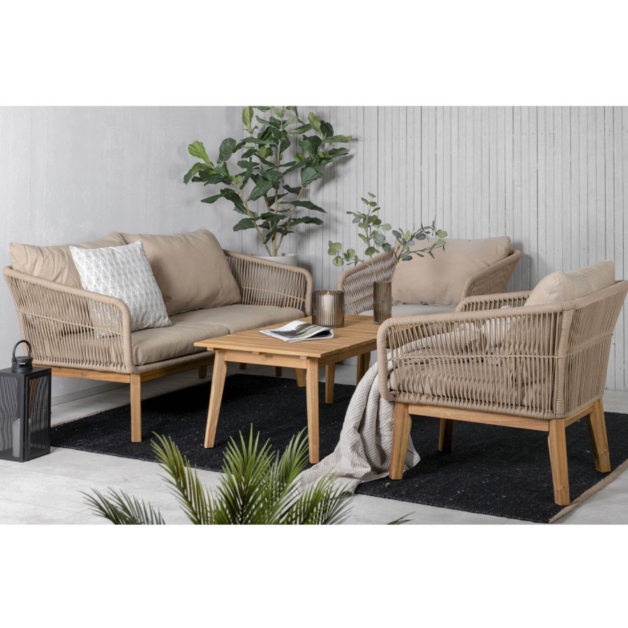 VENTURE DESIGN Chania hagesofasett, med beige puter - beige tau og brunt akasietre