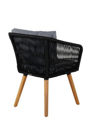 VENTURE DESIGN Chania Gartenstuhl, mit Armlehnen und Kissen – schwarzes Seil und natürliches Akazienholz
