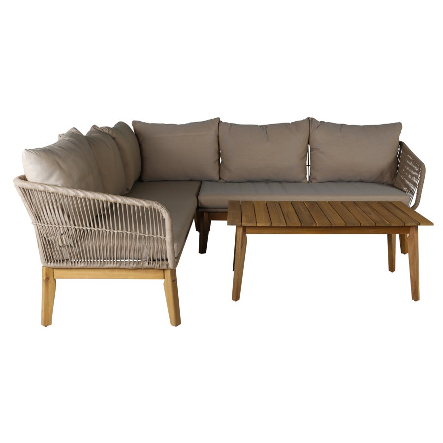 VENTURE DESIGN Chania hjrnesofasett - brune puter og brunt tau, akasietre og stl