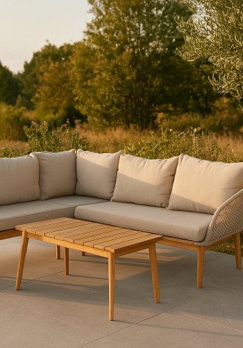 VENTURE DESIGN Chania Ecksofa-Set &ndash; braune Kissen und braunes Seil, Akazienholz und Stahl