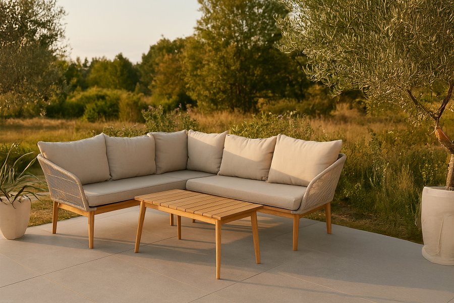 VENTURE DESIGN Chania Ecksofa-Set &ndash; braune Kissen und braunes Seil, Akazienholz und Stahl