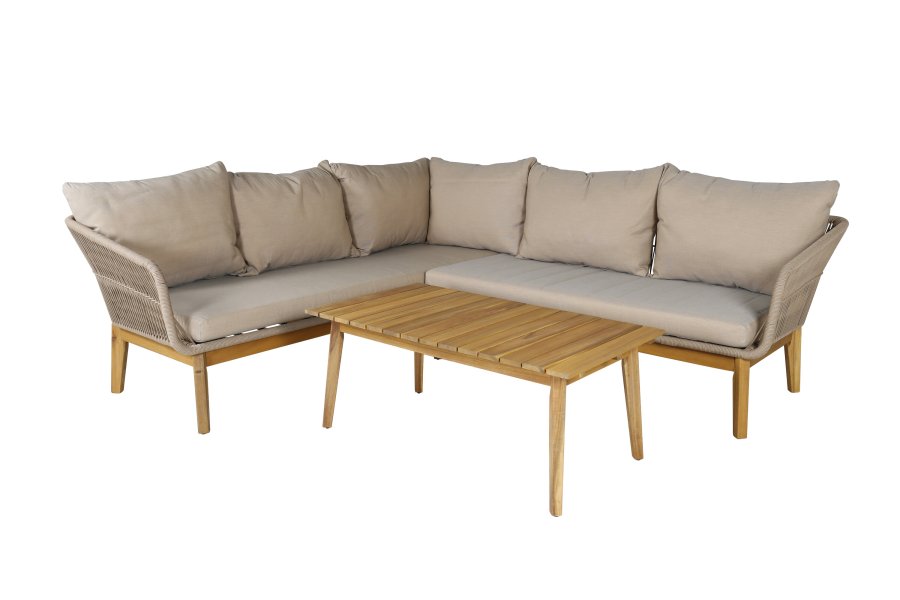 VENTURE DESIGN Chania Ecksofa-Set &ndash; braune Kissen und braunes Seil, Akazienholz und Stahl