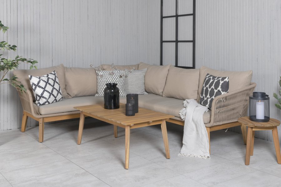 VENTURE DESIGN Chania Ecksofa-Set &ndash; braune Kissen und braunes Seil, Akazienholz und Stahl