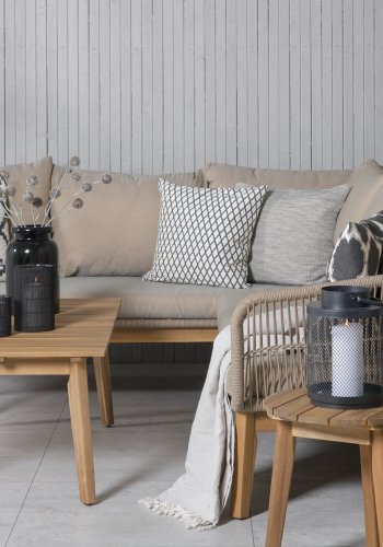 VENTURE DESIGN Chania Ecksofa-Set &ndash; braune Kissen und braunes Seil, Akazienholz und Stahl