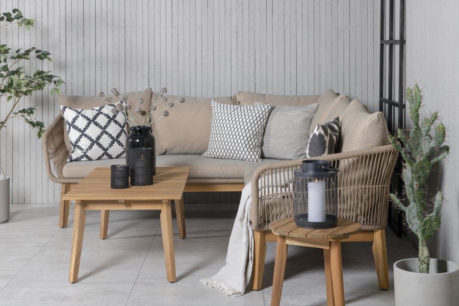 VENTURE DESIGN Chania Ecksofa-Set &ndash; braune Kissen und braunes Seil, Akazienholz und Stahl