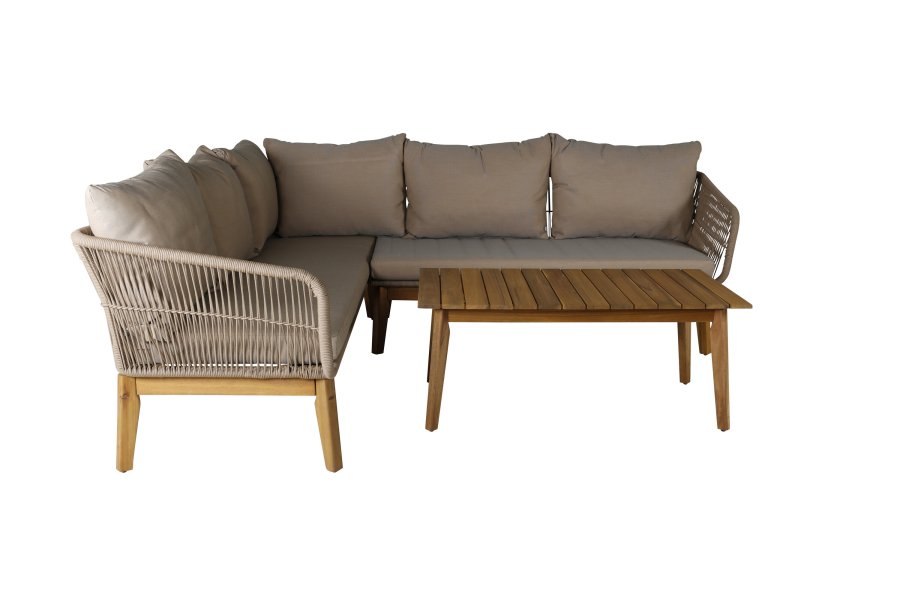 VENTURE DESIGN Chania Ecksofa-Set &ndash; braune Kissen und braunes Seil, Akazienholz und Stahl