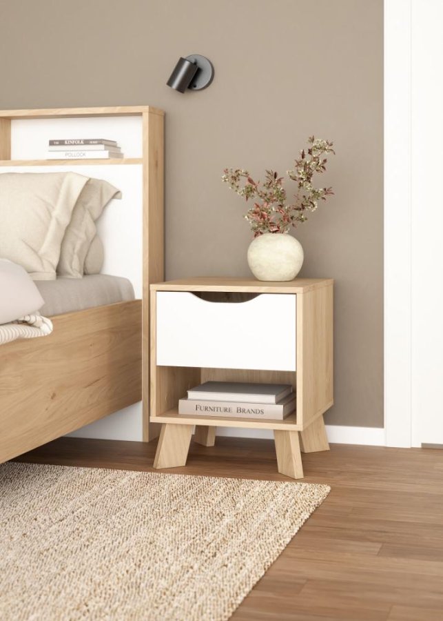 TVILUM Ikast Nachttisch 1 Schublade, Jackson Hickory / Weiß, 40,2 x 39,8 x 47,4 cm