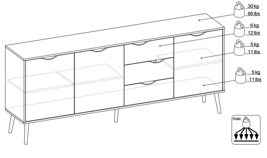 
TVILUM delta skænk - hvid/egestruktur, med 3 låger og 3 skuffer

