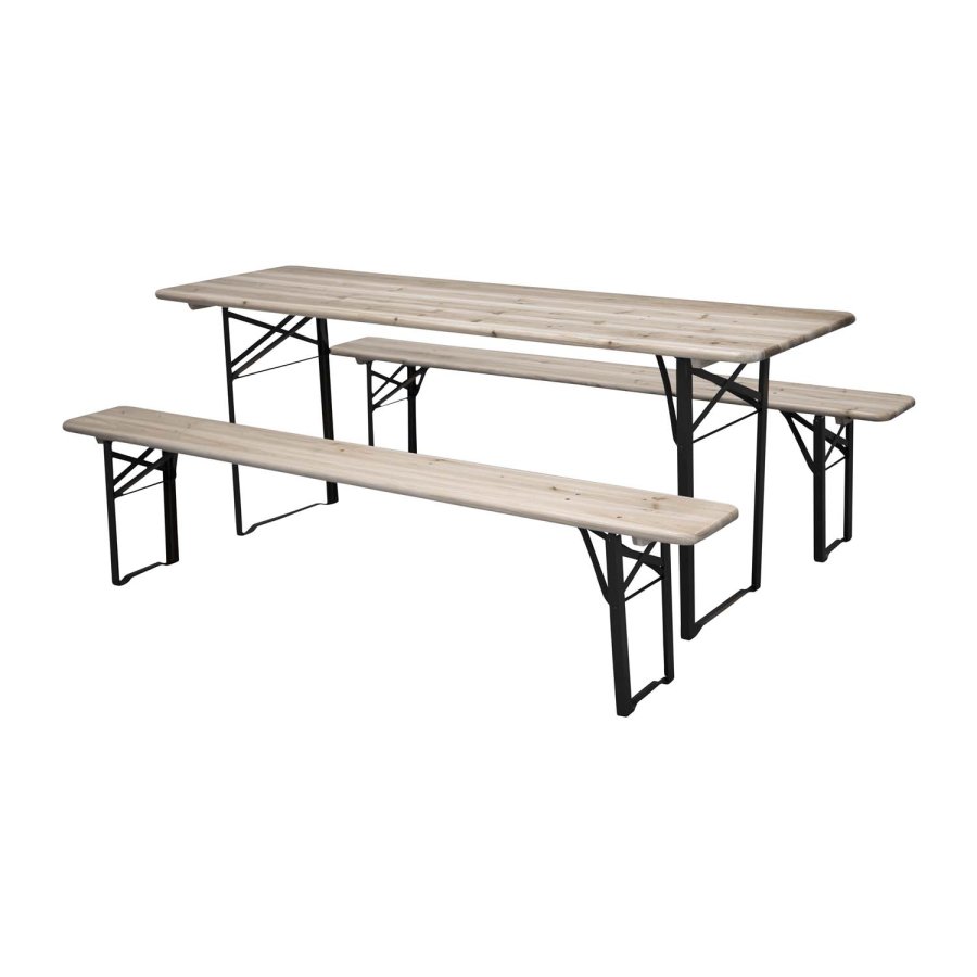 VENTURE DESIGN Guniess Klappbarer Gartentisch und Gartenbänke – Naturholz und schwarzes Metall 