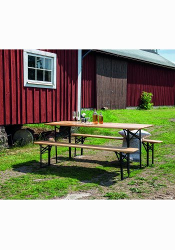 VENTURE DESIGN Guniess Klappbarer Gartentisch und Gartenbänke – Naturholz und schwarzes Metall 