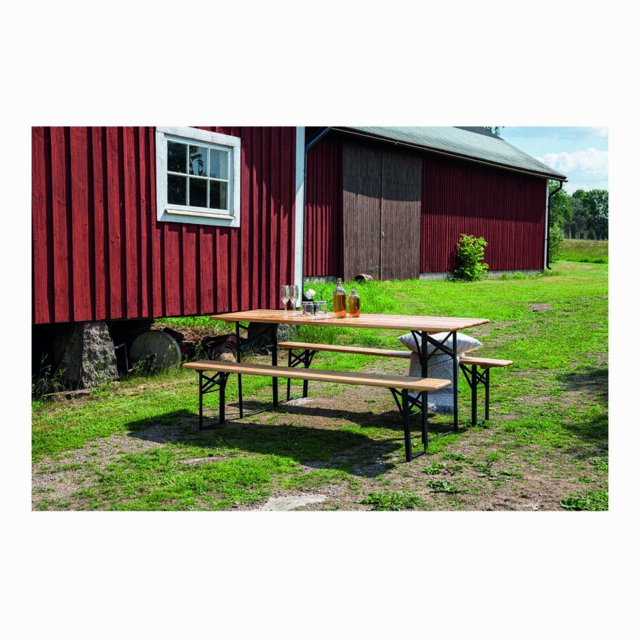 VENTURE DESIGN Guniess Klappbarer Gartentisch und Gartenbänke – Naturholz und schwarzes Metall 