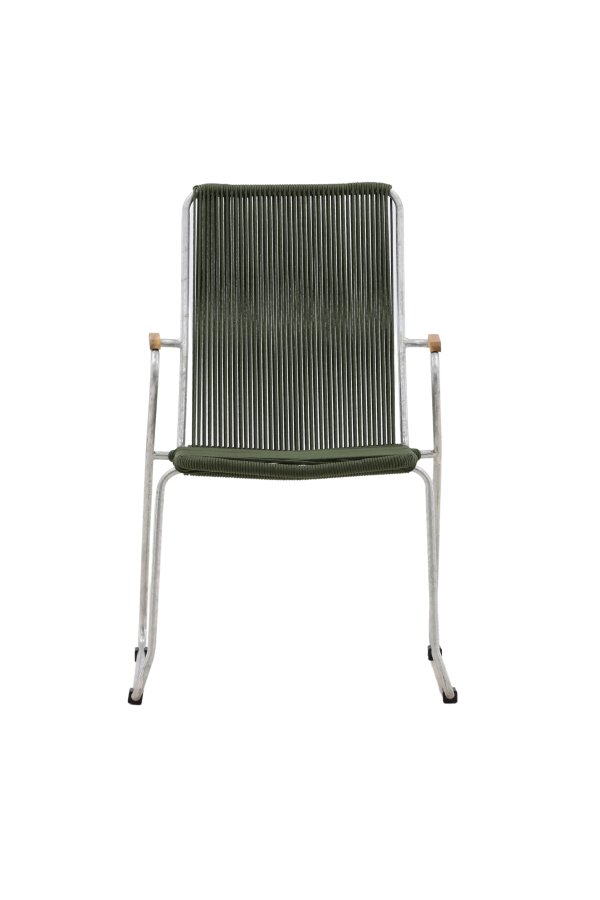 VENTURE DESIGN Bois Gartenstuhl, mit Teakholz-Armlehnen – grünes Seil und silberner Stahl