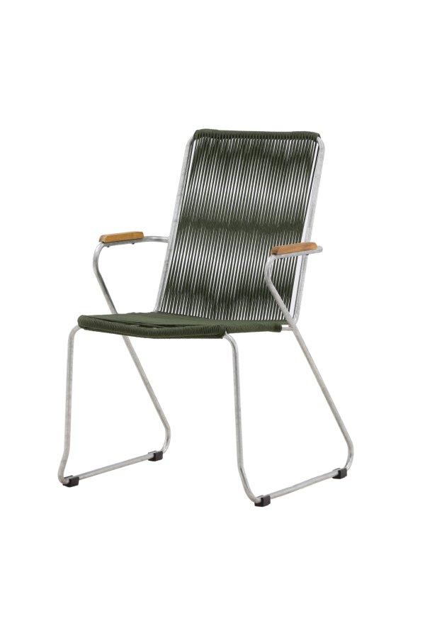 VENTURE DESIGN Bois Gartenstuhl, mit Teakholz-Armlehnen – grünes Seil und silberner Stahl
