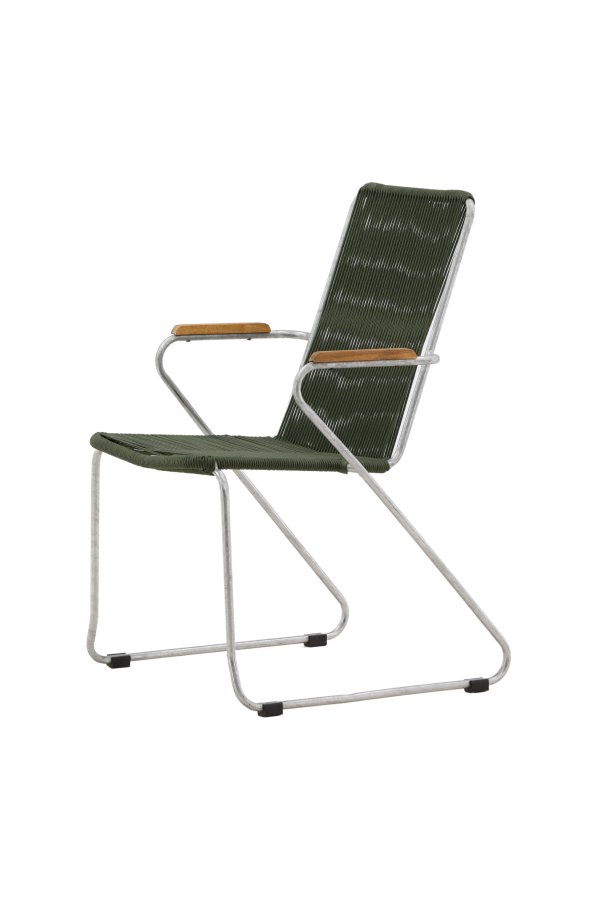 VENTURE DESIGN Bois Gartenstuhl, mit Teakholz-Armlehnen – grünes Seil und silberner Stahl