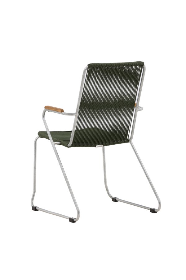 VENTURE DESIGN Bois Gartenstuhl, mit Teakholz-Armlehnen – grünes Seil und silberner Stahl