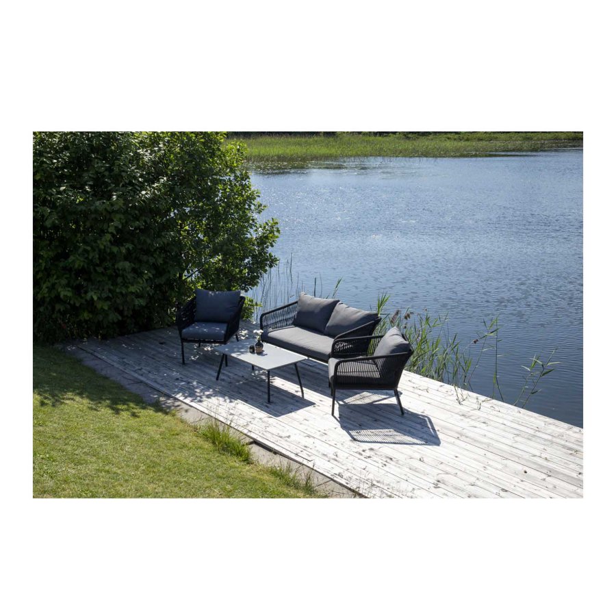 VENTURE DESIGN Lindos hagesett - grtt stoff, svart aluminium og tau 