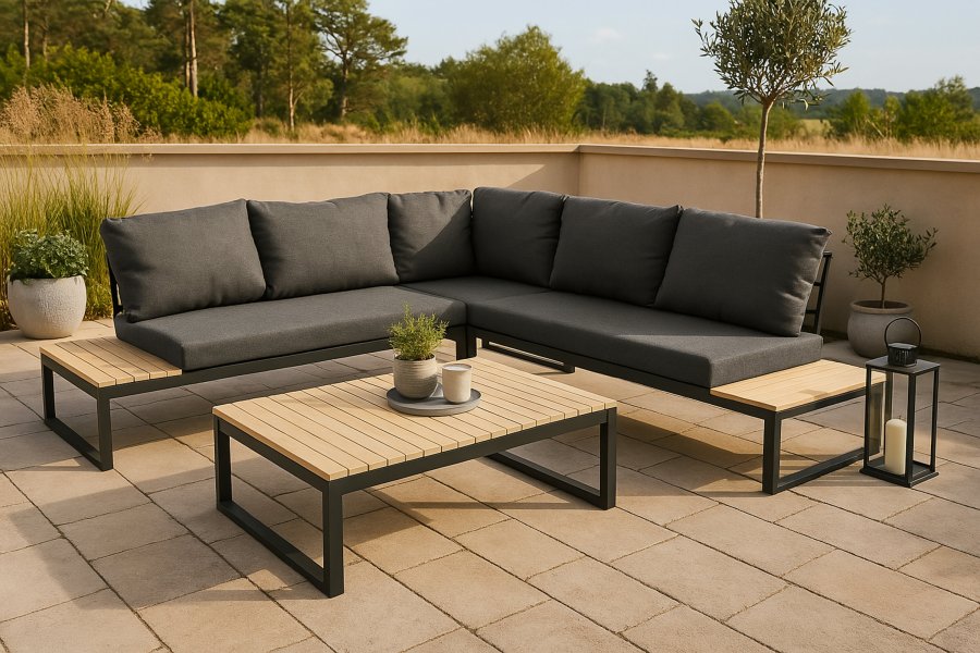 VENTURE DESIGN Panama hj�rne hagesofa med puter - gr�tt, naturlig akasietre og svart aluminium