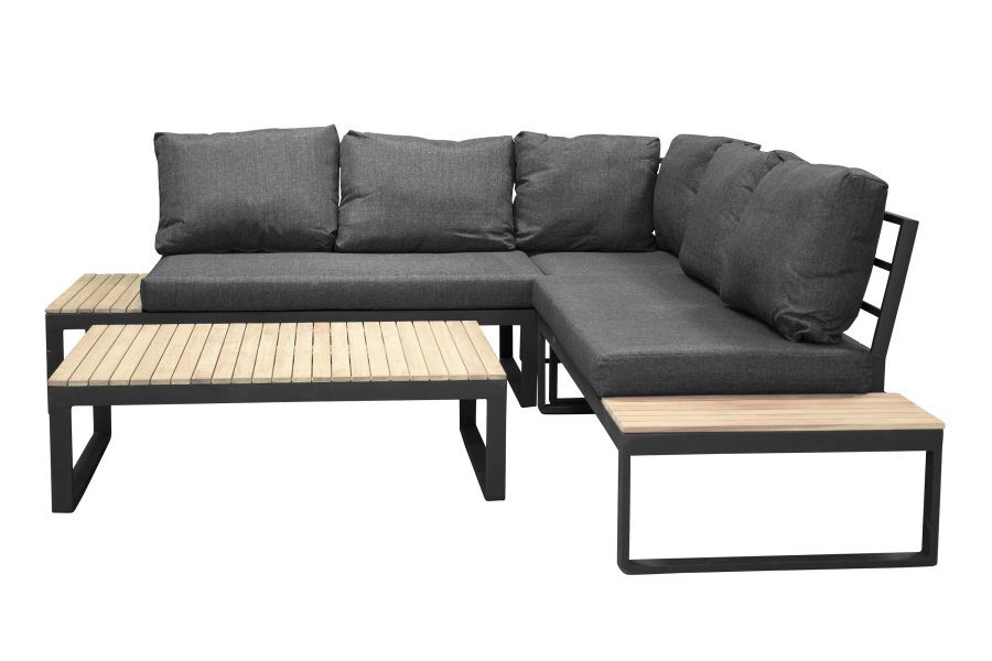VENTURE DESIGN Panama hj�rne hagesofa med puter - gr�tt, naturlig akasietre og svart aluminium