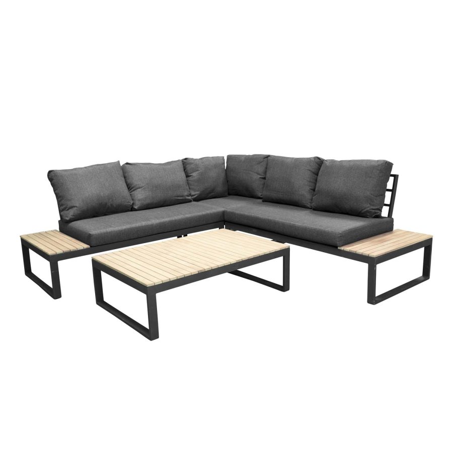 VENTURE DESIGN Panama hjrne hagesofa med puter - grtt, naturlig akasietre og svart aluminium