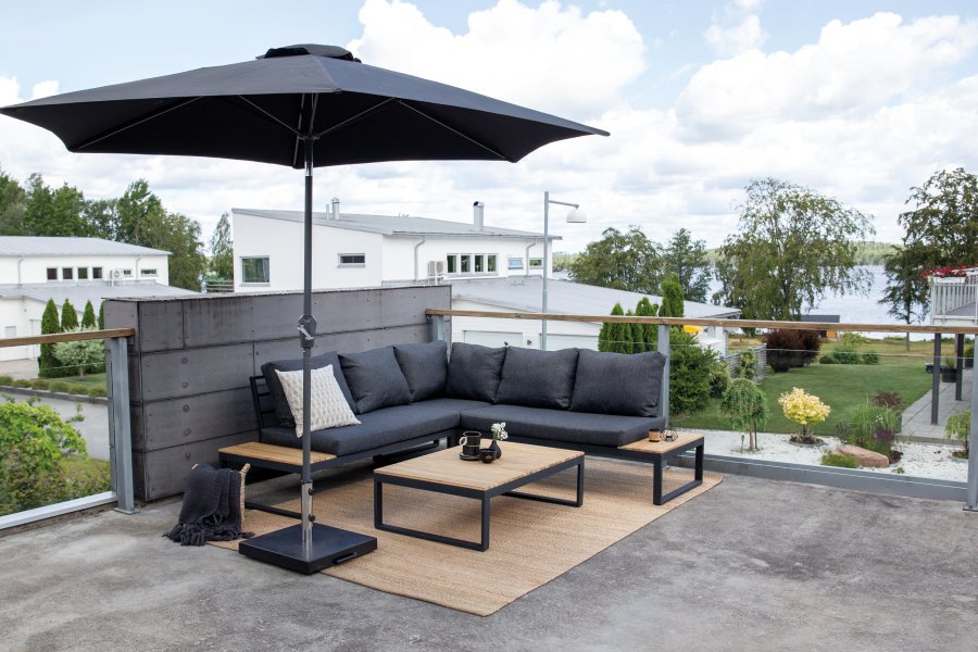 VENTURE DESIGN Panama hj�rne hagesofa med puter - gr�tt, naturlig akasietre og svart aluminium