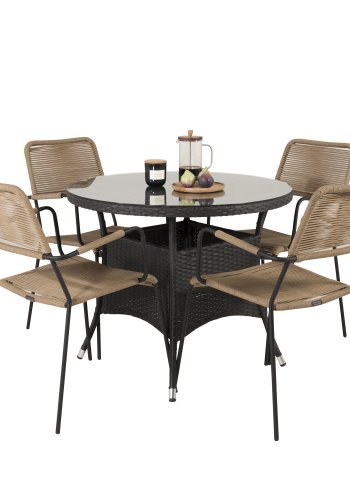 VENTURE DESIGN Lindos hagestol, med armlener - beige polyestertau, svart aluminium og stl