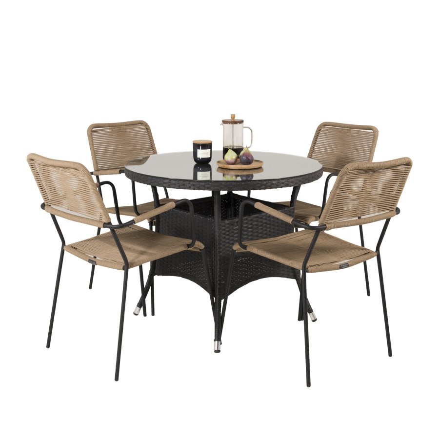 VENTURE DESIGN Lindos hagestol, med armlener - beige polyestertau, svart aluminium og stl