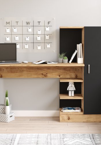 NORDVÄRK Ct2-Ab skrivebord, m. 1 lge og 5 hylder - sort og Atlantic Pine melamin (152,3x40)