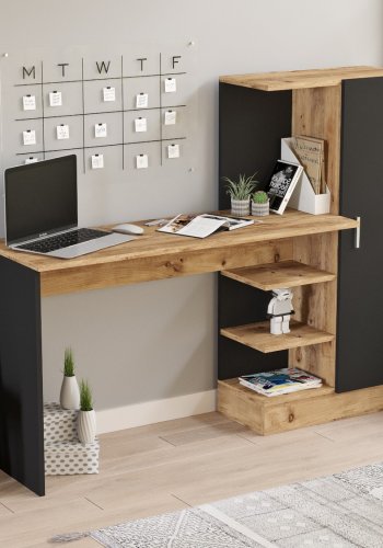 NORDVÄRK Ct2-Ab skrivebord, m. 1 lge og 5 hylder - sort og Atlantic Pine melamin (152,3x40)