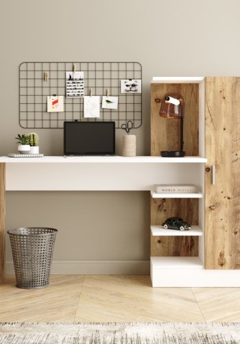 NORDVRK Ct2-Aw skrivebord, m. 1 dr og 5 hyller - hvit og melamin fra Atlantic Pine (152,3x40)