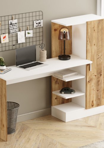 NORDVRK Ct2-Aw skrivebord, m. 1 dr og 5 hyller - hvit og melamin fra Atlantic Pine (152,3x40)