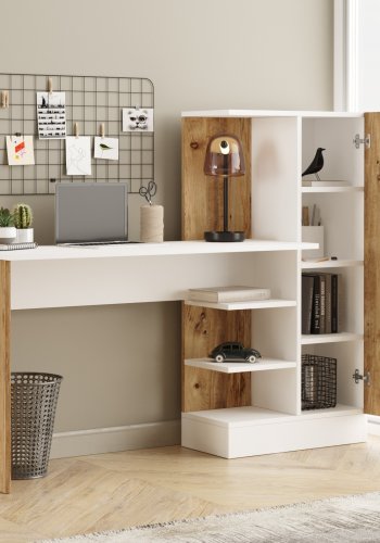 NORDVRK Ct2-Aw skrivebord, m. 1 dr og 5 hyller - hvit og melamin fra Atlantic Pine (152,3x40)