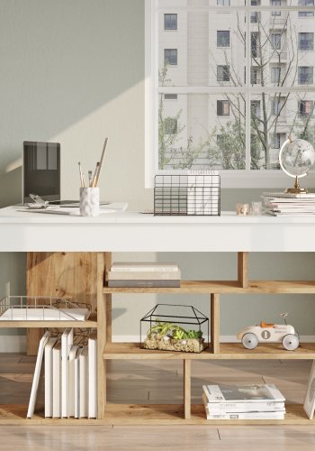 NORDVRK Ct5-Aw hjrnepult, m. 5 hyller - hvit og Atlantic Pine melamin (129x120)