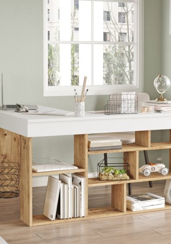 NORDVRK Ct5-Aw hjrnepult, m. 5 hyller - hvit og Atlantic Pine melamin (129x120)