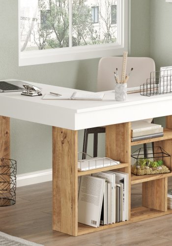 NORDVRK Ct5-Aw hjrnepult, m. 5 hyller - hvit og Atlantic Pine melamin (129x120)