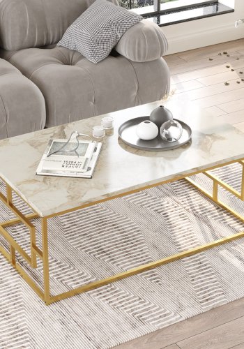 NORDVRK Vg12 salongbord, rektangulrt - hvit marmorlook melamin og gullmetall (100x60)