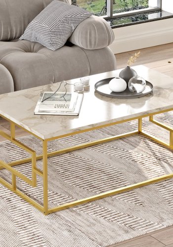 NORDVRK Vg12 salongbord, rektangulrt - hvit marmorlook melamin og gullmetall (100x60)