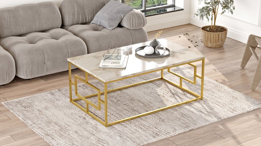 NORDVRK Vg12 salongbord, rektangulrt - hvit marmorlook melamin og gullmetall (100x60)